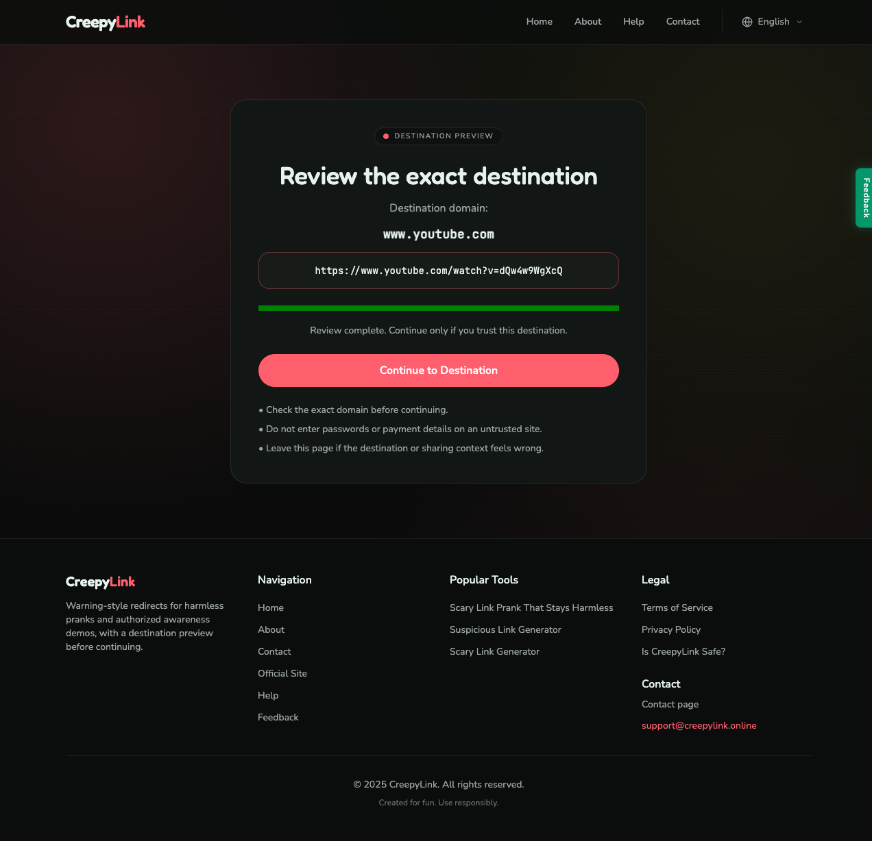 CreepyLink destination preview page showing www.youtube.com as the destination domain, the full destination URL, and a Continue to Destination button